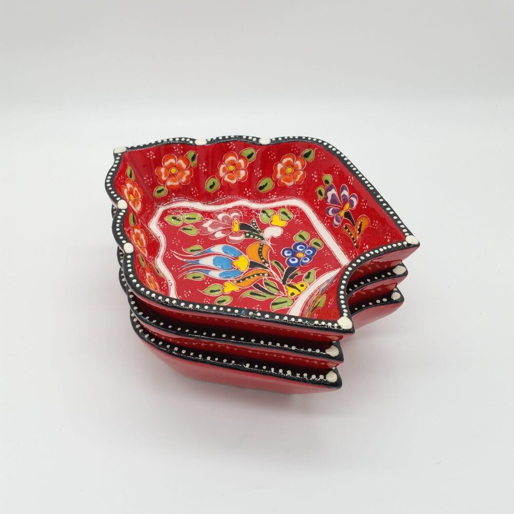 3pc Red Traditional Turkish Handmade Floral Ceramic Appetizer Bowls